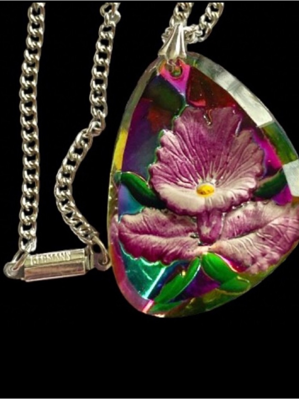 Vintage Reverse Carved Intaglio Glass Purple Orchid Pendant 24” Necklace Germany
